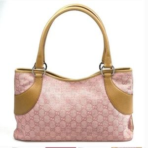 Authentic Gucci Monogrammed Pink Canvas Purse with tan leather trim